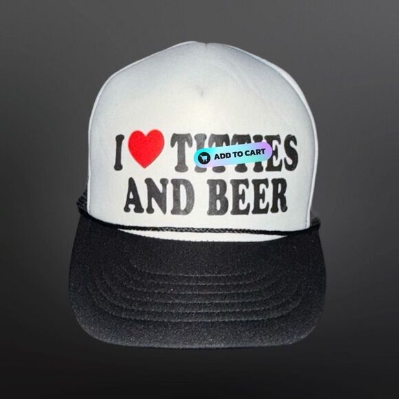 Adult Humor “l Heart Ti**ies & Beer” Puffy Black White Adjustable Trucker Hat - Picture 7 of 8
